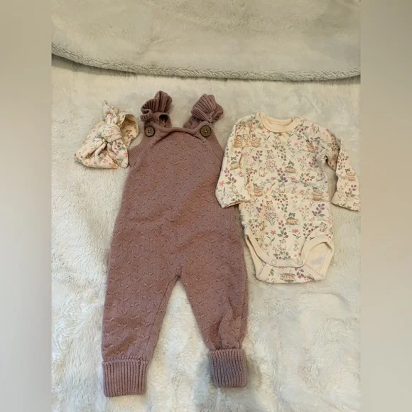 Jamie Kay Mauve Knit Baby Overalls with Moons Garden Bodysuit and Bow - Picture 1 of 6